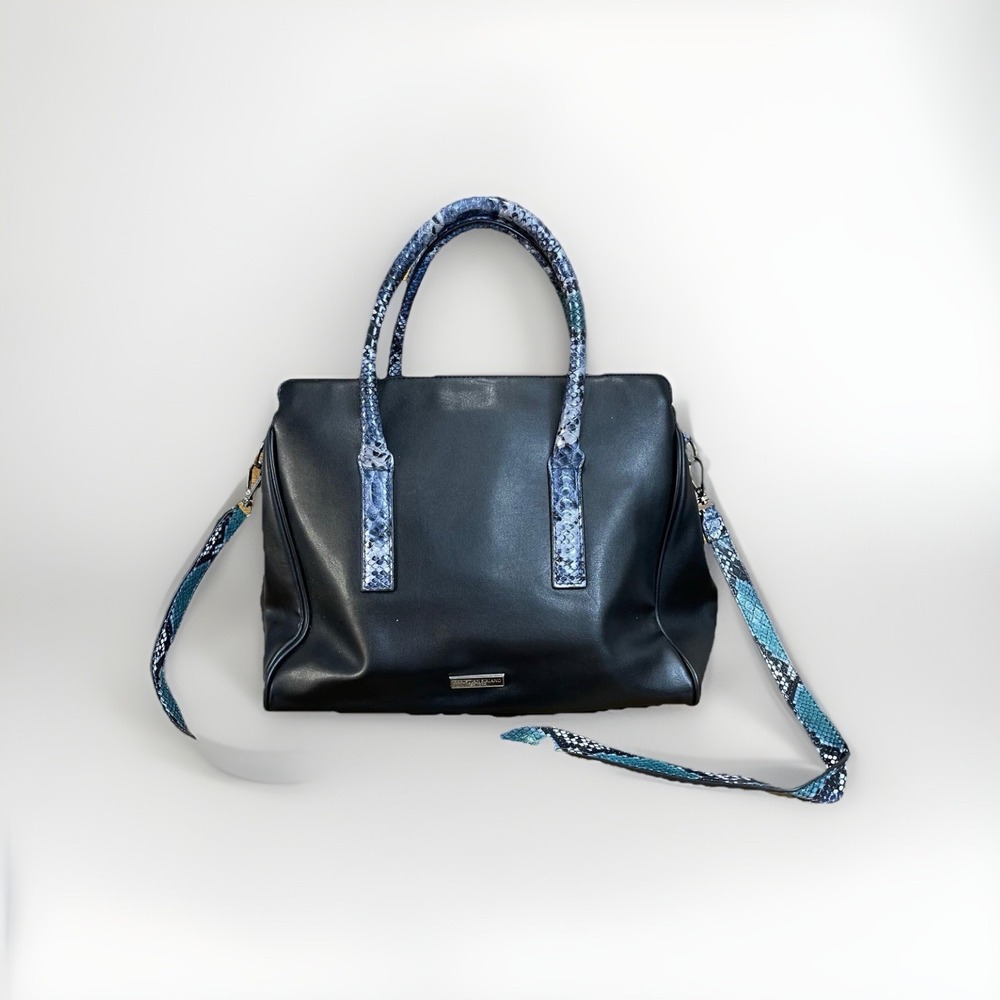 Christian Siriano‎ New York Black Faux Leather Satchel Tote Blue Python B1